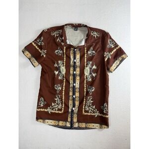 Manfinity Mens Medium Short Sleeve Button Up Shirt Brown Gold Baroque Print M